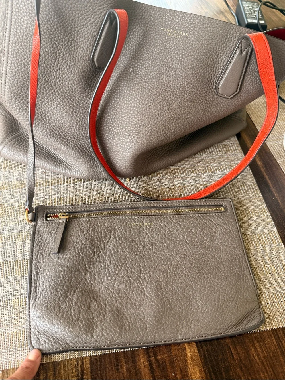 Tory Burch Taupe Pebbled Leather Tote with Red Interior
